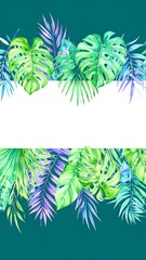 Tropical green leaves border on teal background..