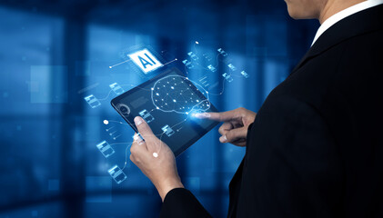 AI neural network and data processing system visualizing artificial intelligence with brain...