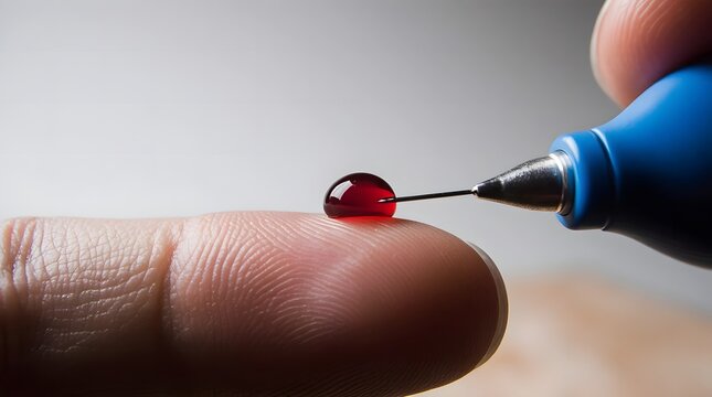 Closeup of blood drop on fingertip for testing