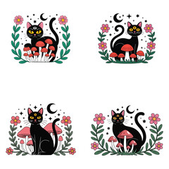 "Mystical Black Cat with Mushrooms and Moon – Cute Witchy Cat Vector Illustration with Floral and Night Elements for Halloween and Magical Design"