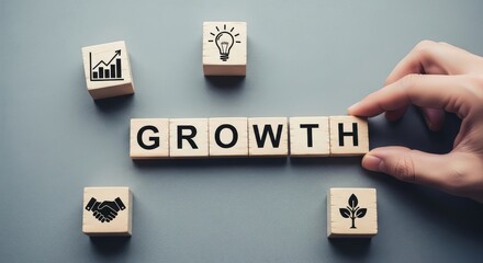 Hand placing wooden block with letter h to spell growth surrounded by icons on gray background