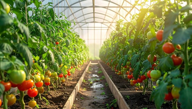 A greenhouse filled with rows of tomatoes, illuminated by sunshine