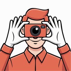 red‑shirted shutter: gloved hands framing the moment with vintage camera