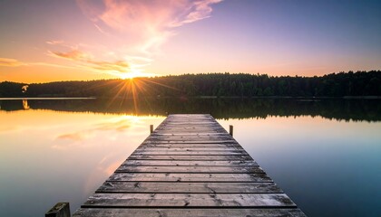 Wooden pier juts into calm lake, reflecting colorful sunset