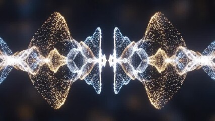 Symmetrical pattern of glittering particles forming wave-like shapes in golden and blue hues against a dark blurry background - Powered by Adobe