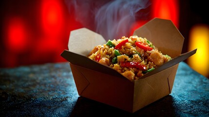 Steaming hot fried rice with chicken and vegetables in a takeout box chinese food asian cuisine