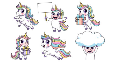 Collection of cute cartoon unicorns in various poses, some holding gifts and a blank sign, isolated on transparent background