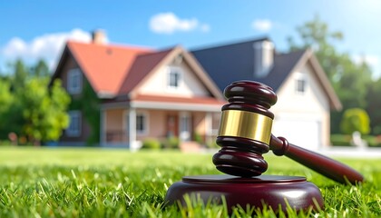 Wooden gavel on lawn with a house background, suggesting real estate