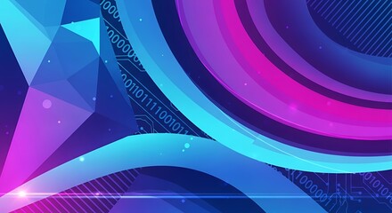 Abstract technology background with geometric shapes and binary code in blue and purple