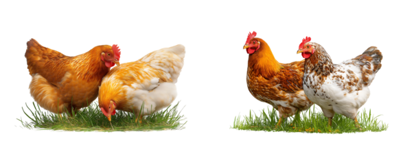 Two Isolated Hens Foraging on Green Grass - Farm Animals Cutout isolated on a transparent background