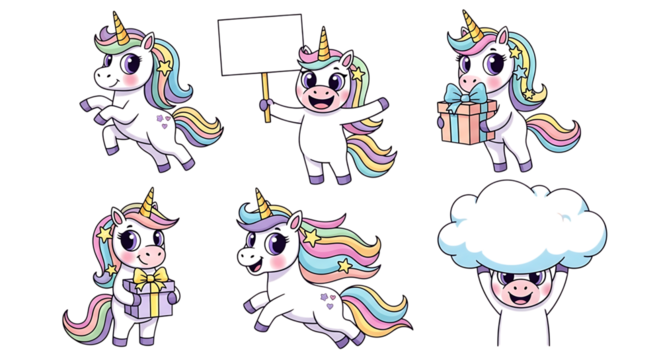 Collection of cute cartoon unicorns in various poses, some holding gifts and a blank sign, isolated on transparent background