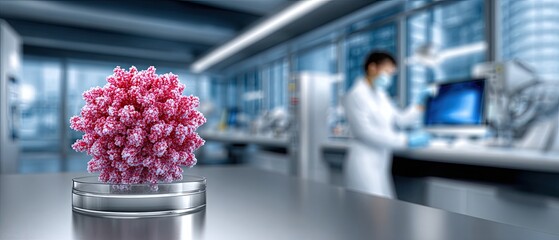 vaccine virus development concept. Laboratory scene featuring a molecular model and a scientist working at a computer.