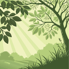 Fototapeta premium Green Nature Landscape – Forest Trees, Leaves, and Sunlight Vector Background Illustration
