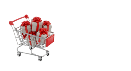 A miniature shopping cart filled with giftwrapped presents, isolated on transparent background