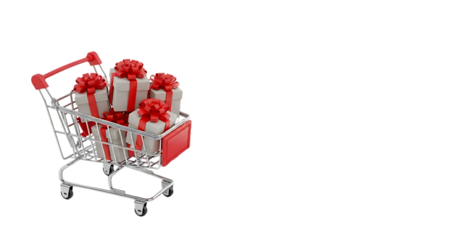 A miniature shopping cart filled with giftwrapped presents, isolated on transparent background - Powered by Adobe
