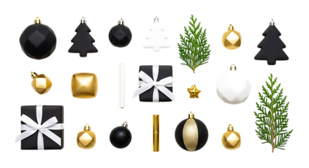Collection of modern christmas ornaments and decorations in black, gold, and white, including baubles, trees, gifts, and pine branches, isolated on transparent background
