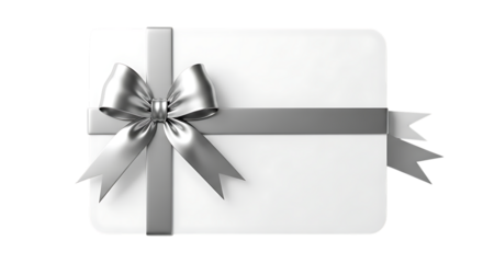 A simple white gift card with a silver ribbon and bow, isolated on transparent background