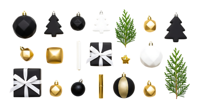 Collection of modern christmas ornaments and decorations in black, gold, and white, including baubles, trees, gifts, and pine branches, isolated on transparent background