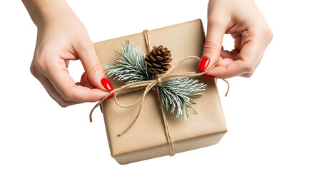 Hands tying a bow on a christmas gift box with pine cone and fir branches, isolated on transparent background