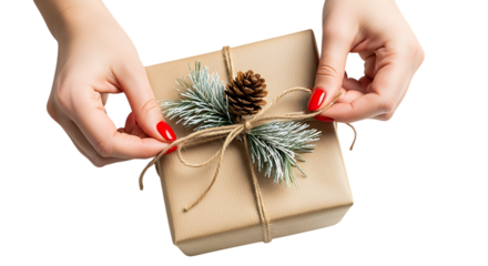Hands tying a bow on a christmas gift box with pine cone and fir branches, isolated on transparent background