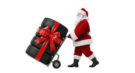 Santa claus pushing a trolley with a stack of tires tied with a red ribbon and bow, isolated on transparent background