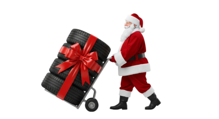 Santa claus pushing a trolley with a stack of tires tied with a red ribbon and bow, isolated on transparent background