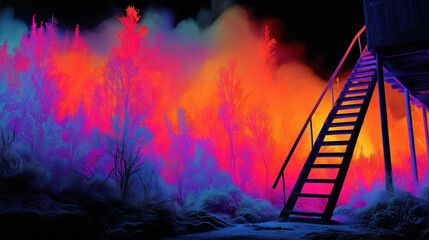 Vivid neon forest scene with stairway at night