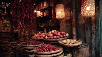 Traditional Asian market stall with dried chili peppers and fruits illuminated by woven lanterns red chili peppers