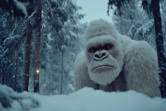 Yeti in snowy forest scene with intense stare and winter trees - Powered by Adobe