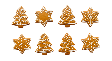 Collection of festive gingerbread cookies in the shape of christmas trees and stars, decorated with white icing, isolated on transparent background
