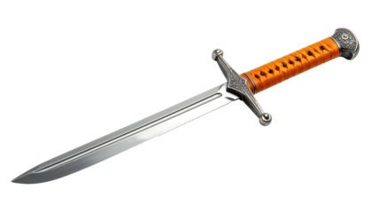 A silver blade sword with intricate hilt and orange-wrapped handle against a black background