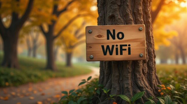 No WiFi Zone: A rustic sign warns of a WiFi-free zone, offering a moment to disconnect from technology and reconnect with nature. Set in a park with autumn foliage.