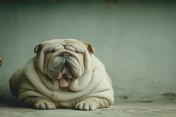 Relaxed bulldog resting calmly indoors against gray wall