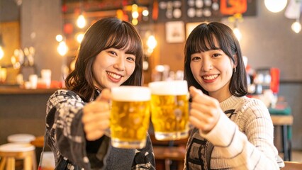 居酒屋で笑顔で乾杯をする若い日本人女性