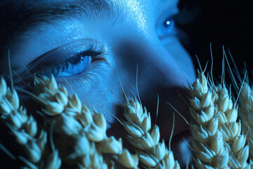Close-up of woman with wheat in blue light