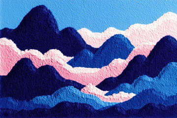 Abstract blue and pink mountain landscape painting with vibrant textures