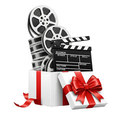 Film reels and clapperboard stacked on gift boxes with red ribbons, isolated on transparent background
