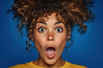 Surprised young woman with curly hair and freckles against blue background