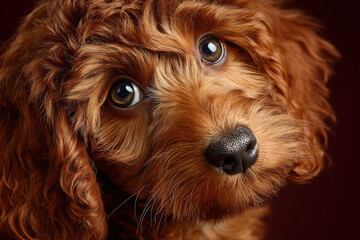 Adorable fluffy brown puppy with curly fur and big eyes on dark background
