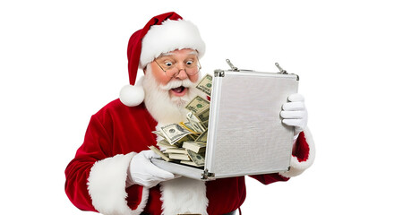 Surprised santa claus holding an open briefcase full of money, isolated on transparent background