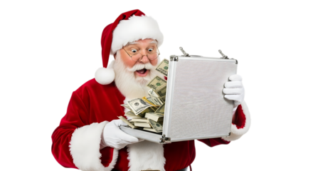 Surprised santa claus holding an open briefcase full of money, isolated on transparent background