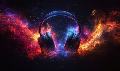 Creative sound wave flow design with headphones, representing music, audio, and entertainment. The colorful, vibrant illustration is perfect for radio artwork, music content, or visual, Generative AI