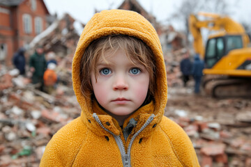 Young child in yellow jacket amidst rubble and construction equipment