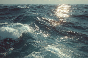 Sunlit ocean waves with sparkling highlights under a clear sky
