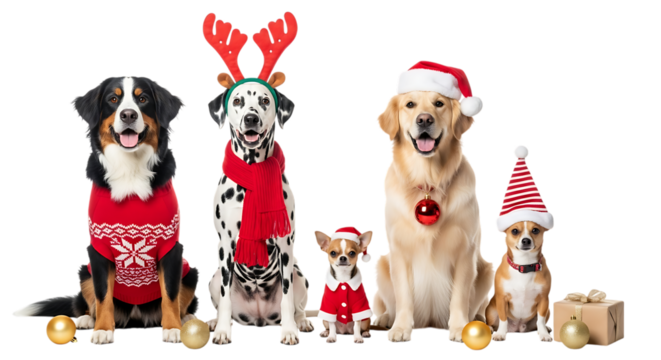 A group of five dogs of various breeds and sizes, dressed in festive christmas attire, sitting together and posing for a holiday portrait, isolated on transparent background
