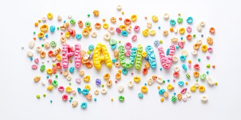 A colorful, scattered arrangement of cereal pieces with the word 'HAPPY' spelled out in the middle, against a white background.