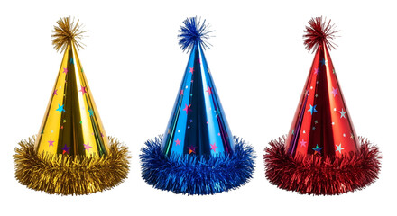 Three colorful party hats with tinsel trim and pompoms, isolated on transparent background