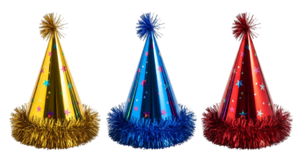 Three colorful party hats with tinsel trim and pompoms, isolated on transparent background