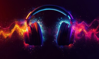 Creative sound wave flow design with headphones, representing music, audio, and entertainment. The colorful, vibrant illustration is perfect for radio artwork, music content, or visual, Generative AI