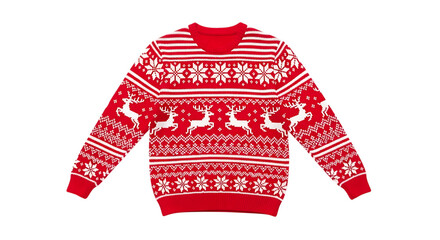 Red christmas sweater with white snowflake and reindeer pattern, isolated on transparent background